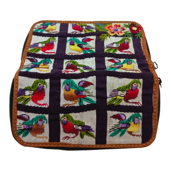 Birds Embroidered Leather Wallet Floral Boho Nature Suede Brown 23 card slots - Picture 2 of 4